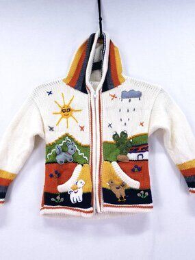 Isabella Mia Full Zip Hoodie Sweater Size 6 Knit 100% Wool Acrylic Fun Peru
